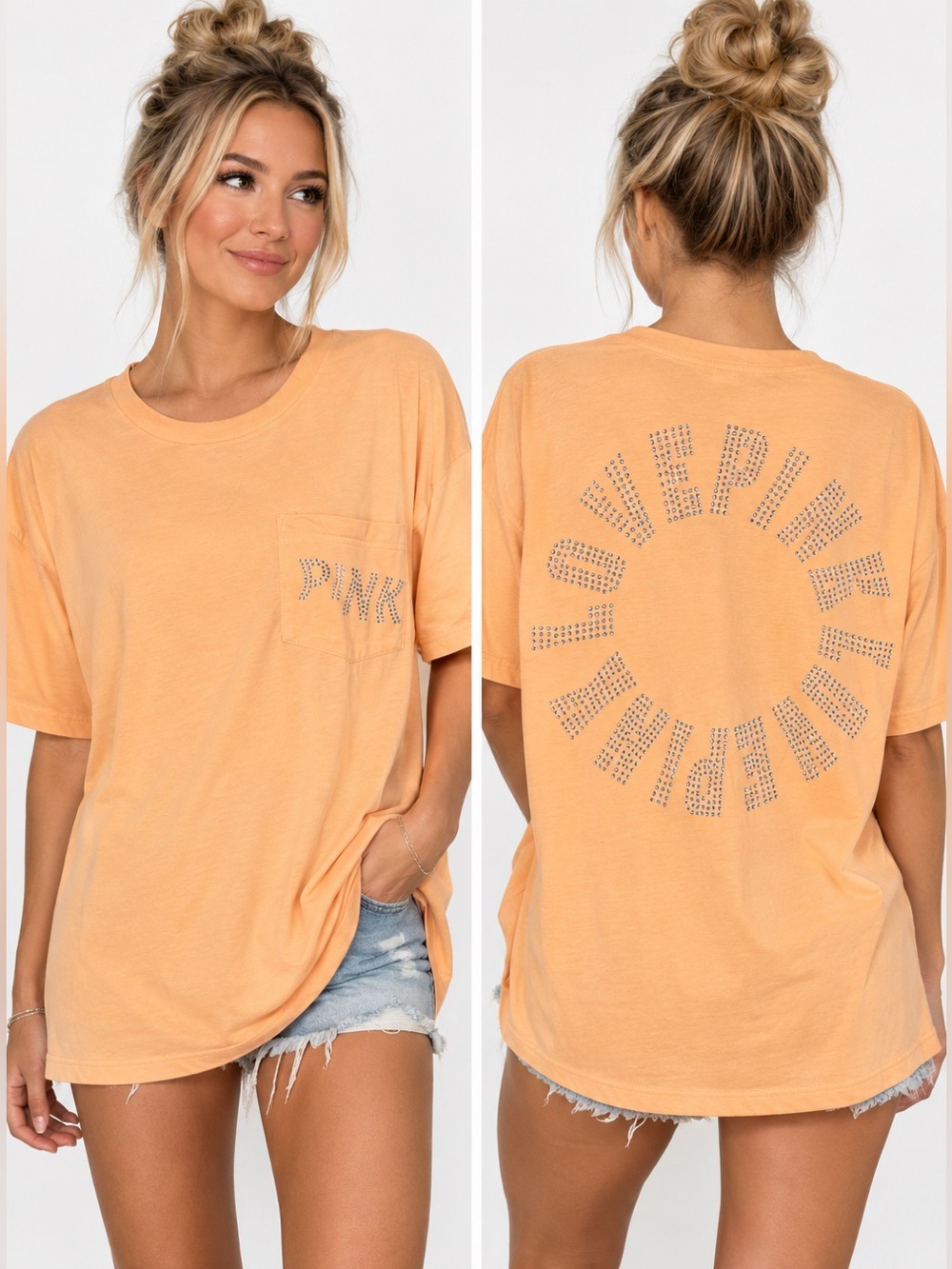 Victoria’s Secret PINK Varsity Rhinestone Oversized T-Shirt Peach XL